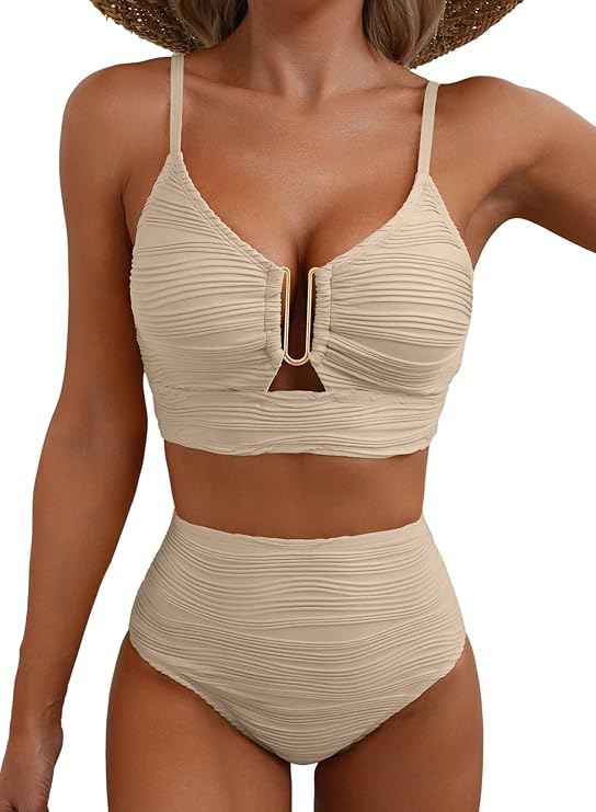 Femme Bikini deux pièces à texture gaufrée avec détail métallique en U et culotte taille haute | imported-image-19