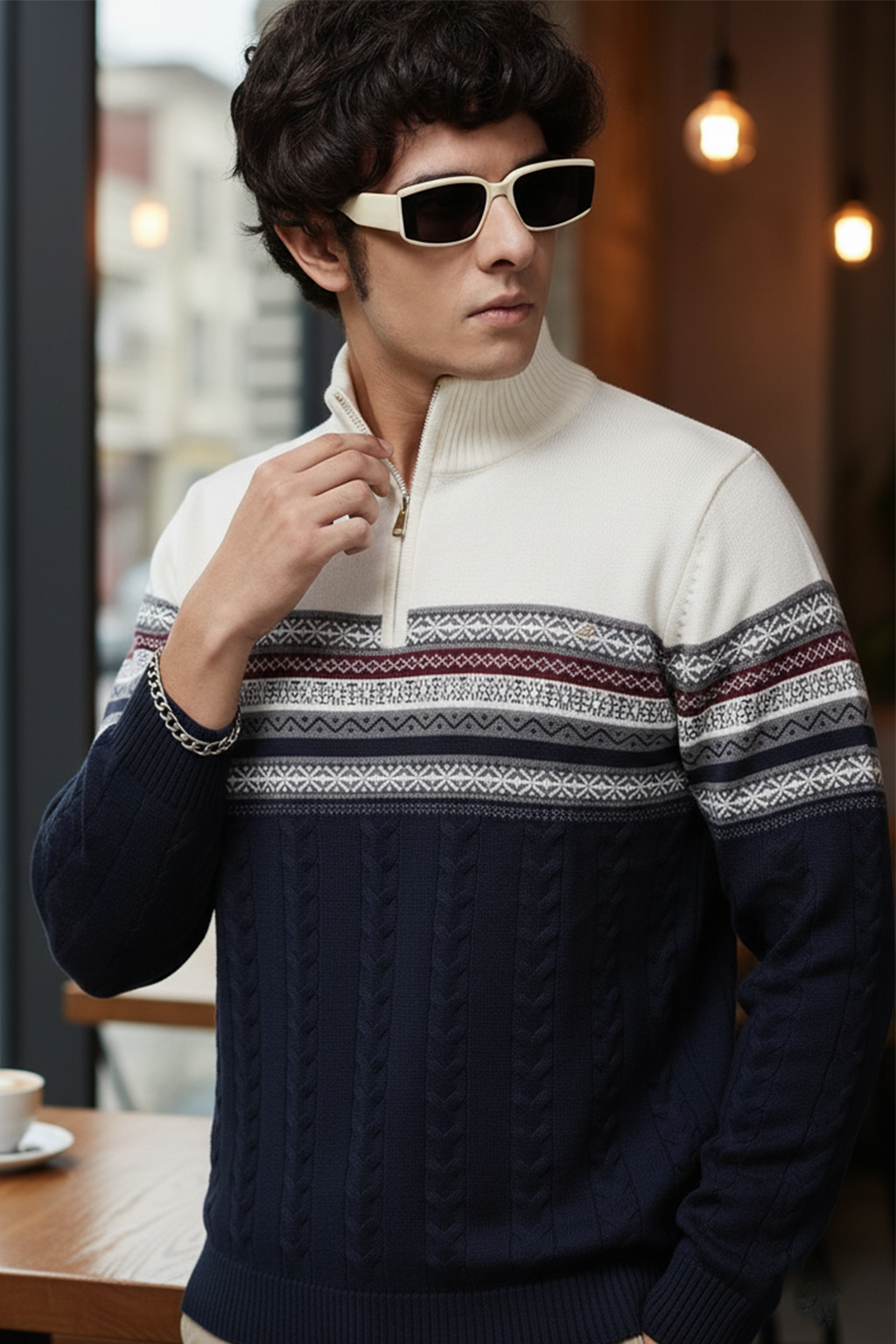 Pull Demi-Zip | Julien – Blanc & Bleu Marine
