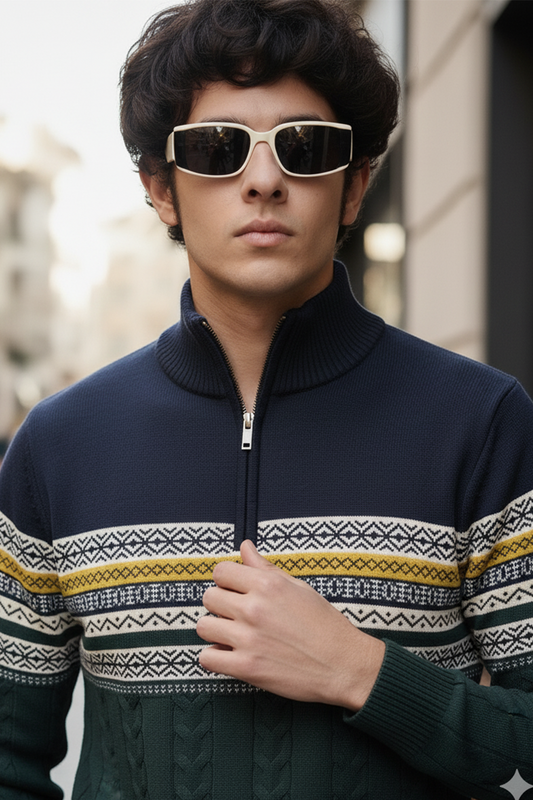 Pull Demi-Zip | Mathieu – Bleu Marine & Vert Forêt