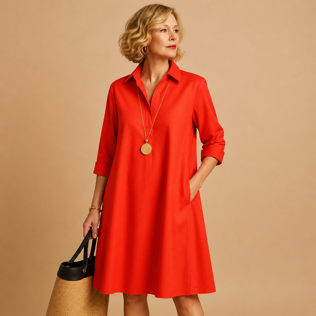 Femme Robe avec col, patte de boutonnage, manches longues et poches latérales