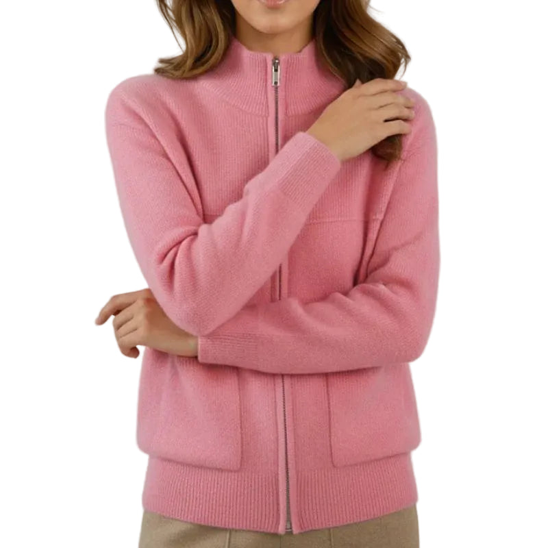 Cardigan femme en maille avec fermeture zippée et poches plaquées