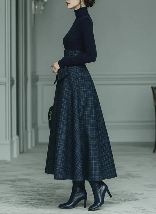 Ensemble haut à col roulé et jupe longue à carreaux pour femme 5