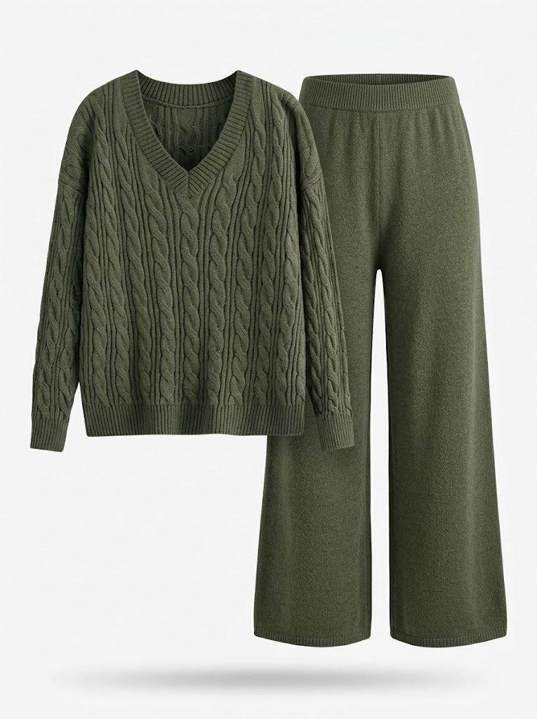 Ensemble pull à col en V en maille torsadée et pantalon large pour femme 4