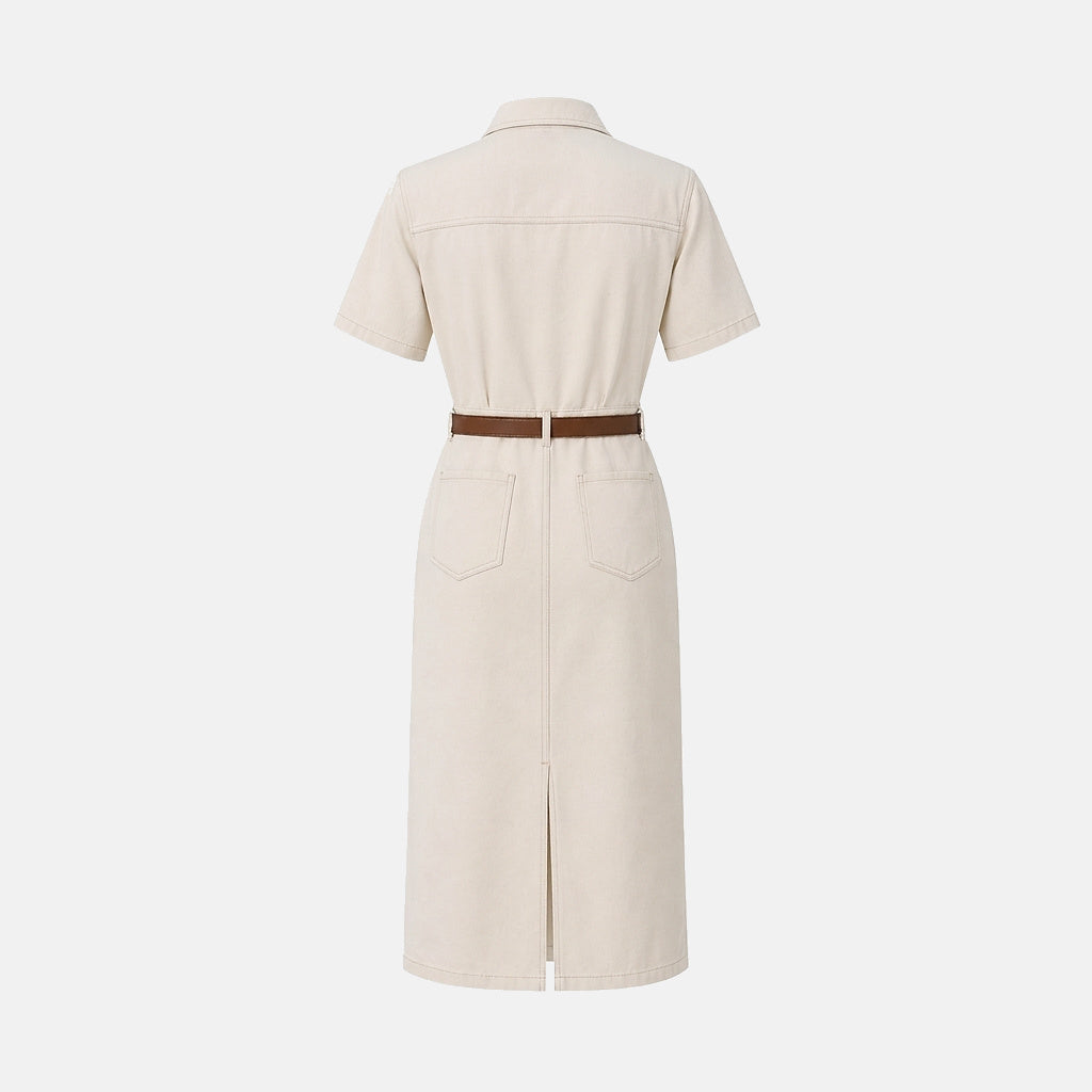 Femme Robe chemise midi manches courtes poches poitrine ceinture 5
