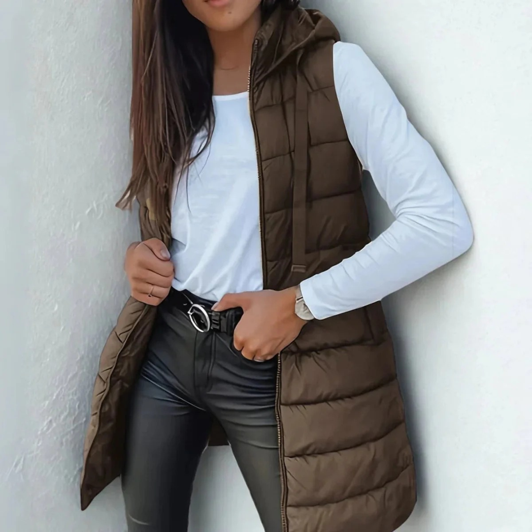 Gilet long matelassé pour femme avec capuche 9
