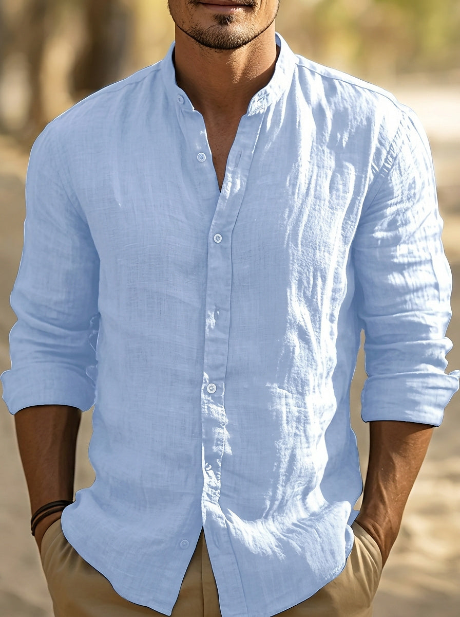 Hommes Chemise à manches longues avec col officier et texture lin Bleu Clair