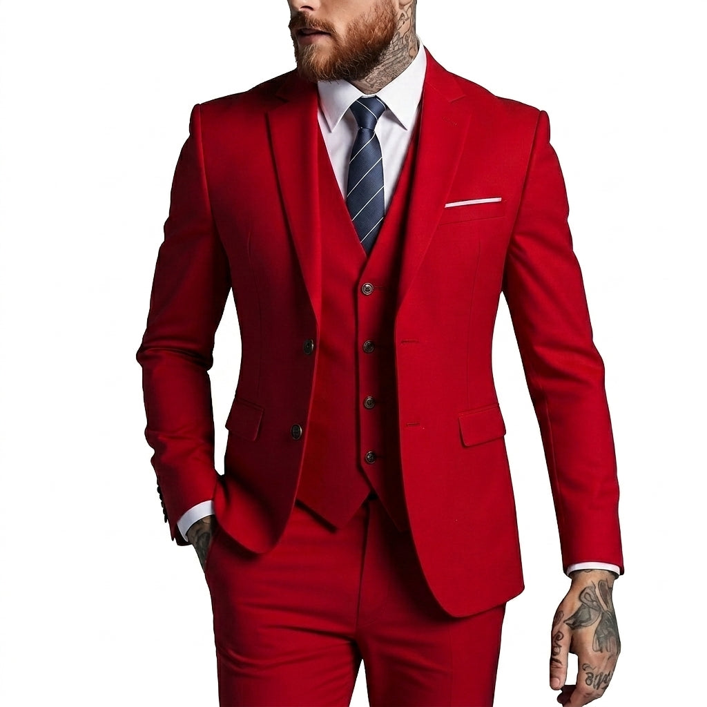 Hommes, Costume 3 pièces avec veste à deux boutons et gilet Rouge