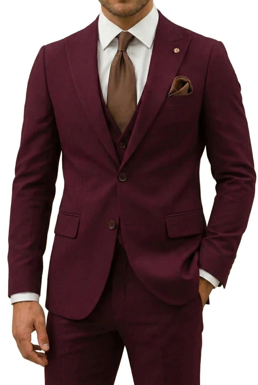 Hommes Ensemble 3 pièces avec veste à revers à cran, gilet et pantalon Bordeaux