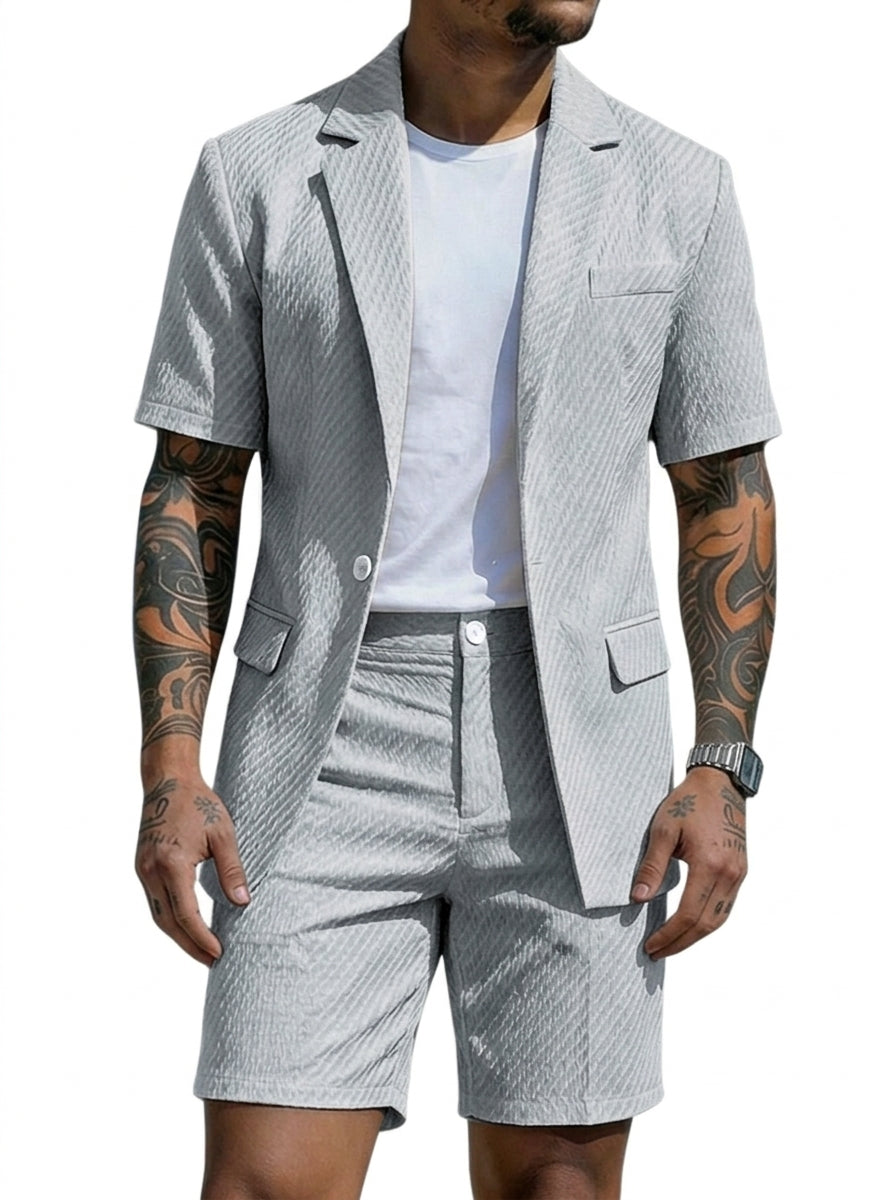Hommes Ensemble deux pièces blazer à manches courtes et short à motif texturé Gris Clair