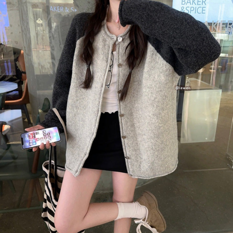 Veste en maille pour femme avec fermeture boutonnée et manches contrastées