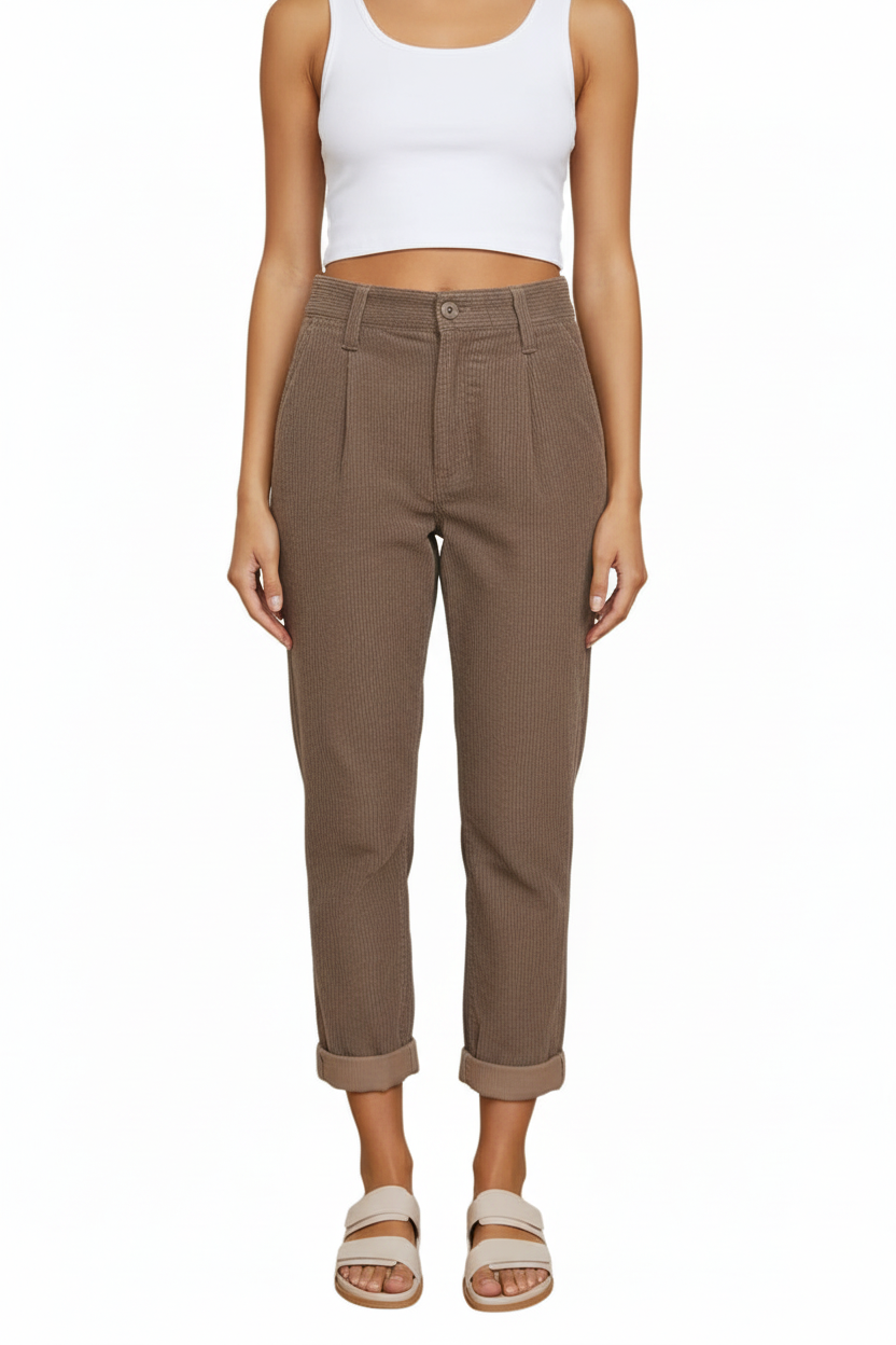 Pantalon en Velours Côtelé Taille Haute pour Femme