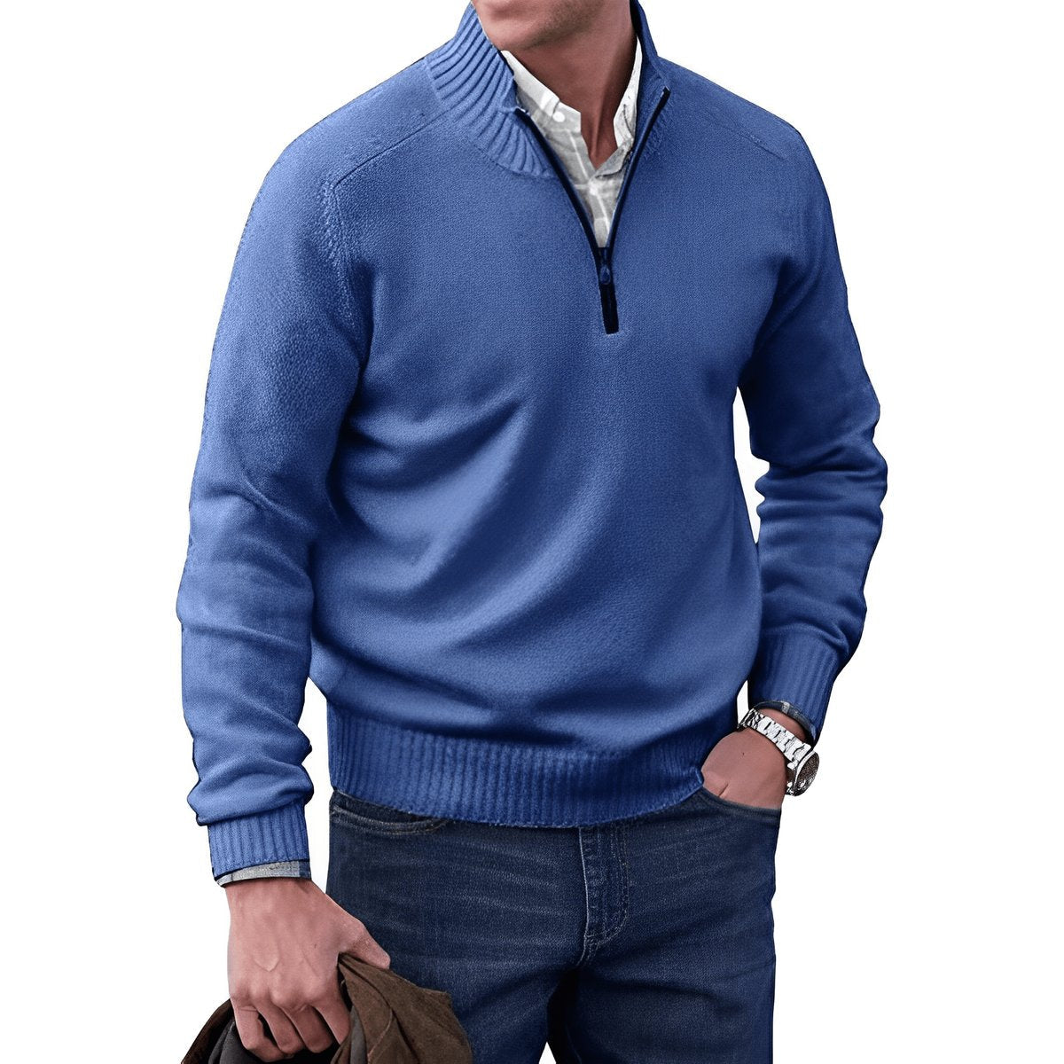 Pull-over en maille à fermeture éclair pour homme avec bordures côtelées 10