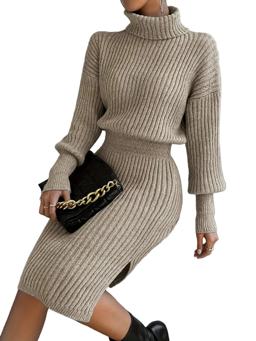 Robe Femme Midi en Maille Côtelée avec Col Montant et Manches Longues