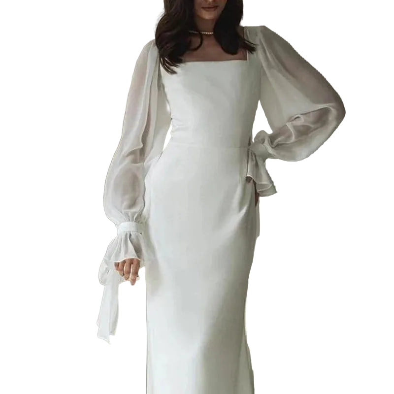 Robe Longue Femme à Encolure Carrée et Manches Transparentes