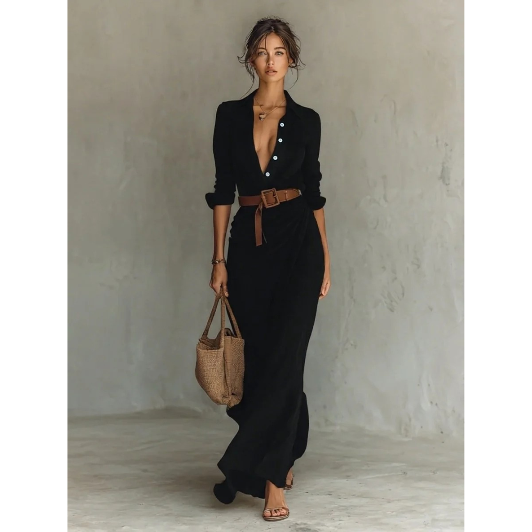 Robe chemise longue boutonnée pour femme avec ceinture 6