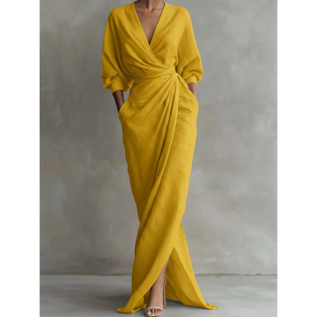 Robe longue portefeuille à col en V et manches longues pour femme 7