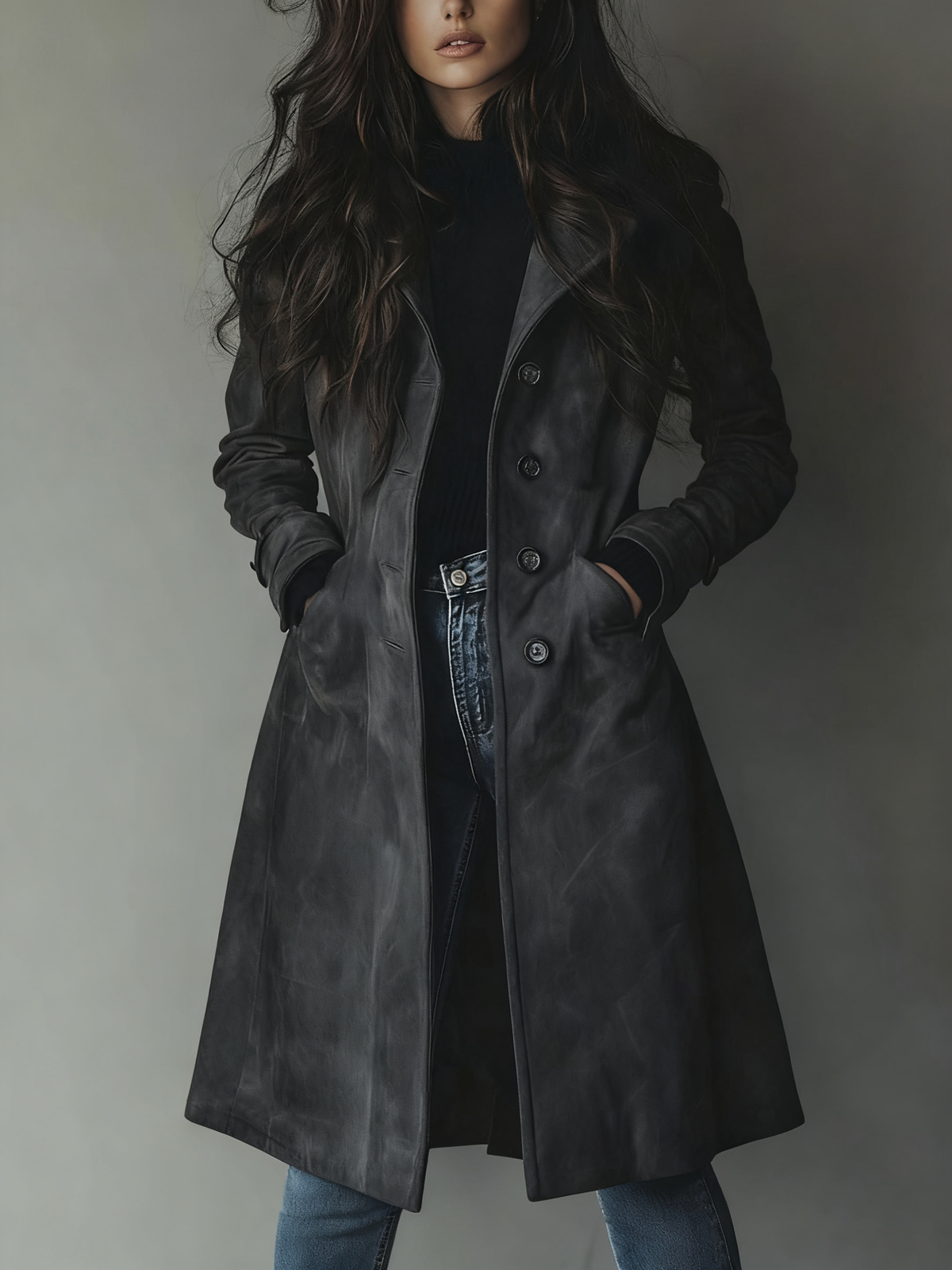 Trench-coat en daim pour femme avec boutonnage à l'avant 7