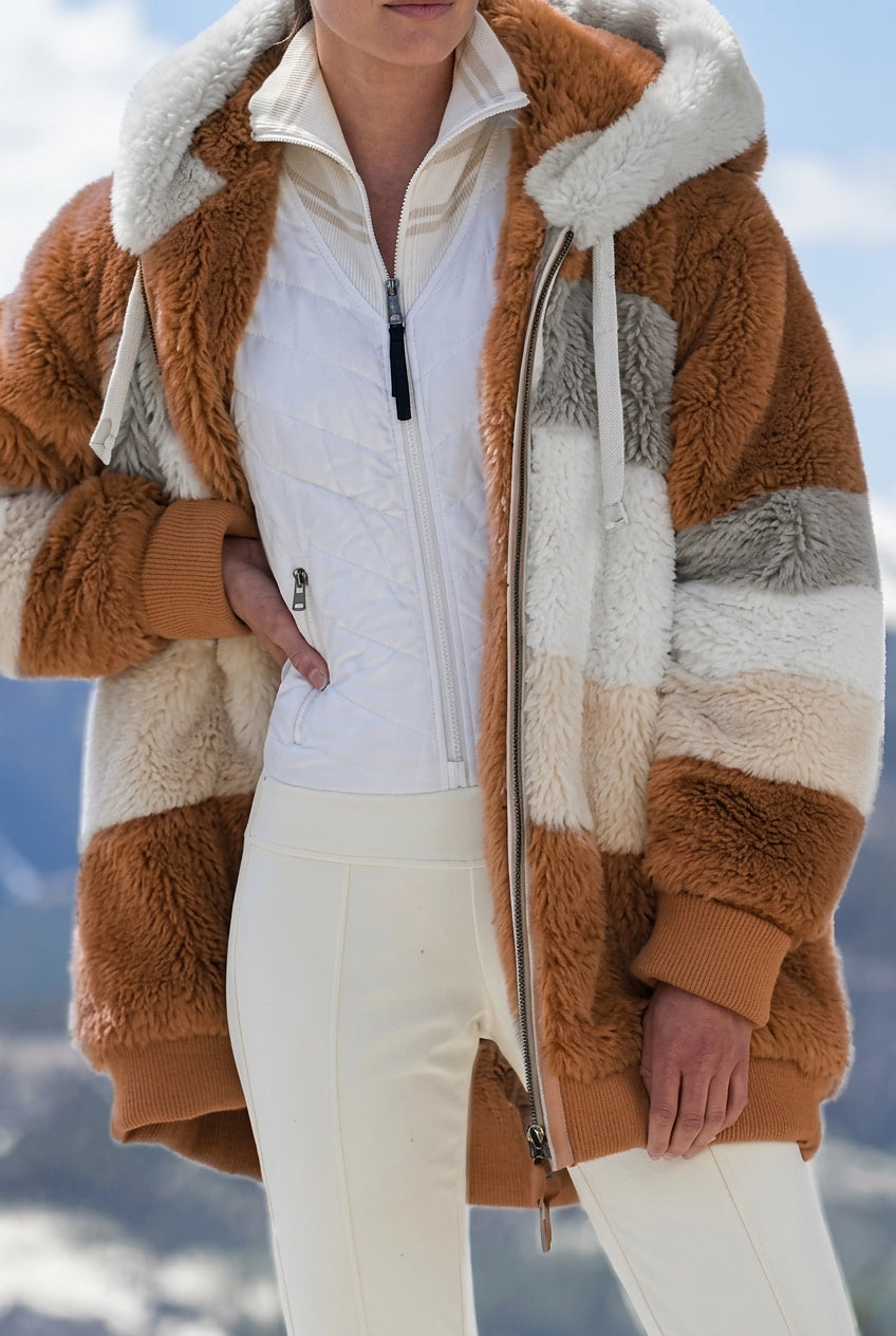 Veste à capuche en fausse fourrure colorblock pour femme 10
