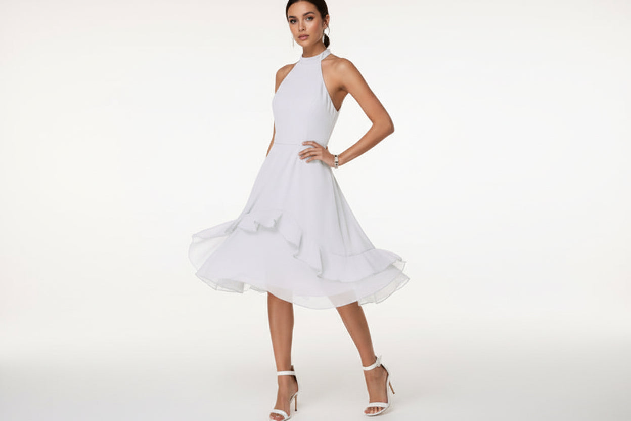 Robe Femme à Col Halter avec Jupe Évasée et Ourlet Superposé