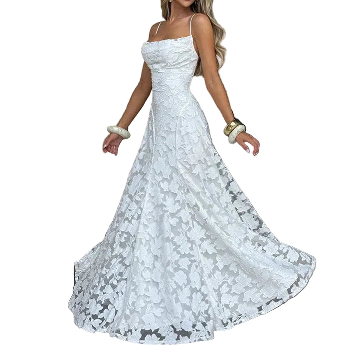 Robe longue femme à fines bretelles avec motif floral texturé