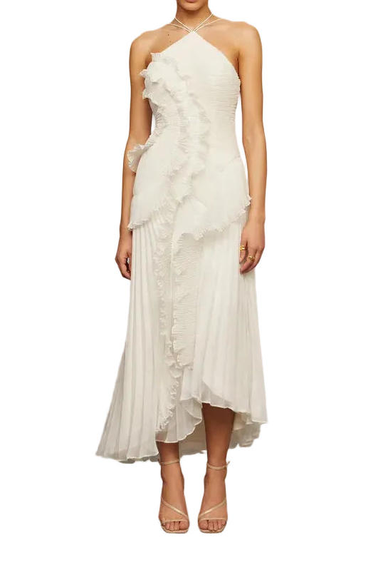 Robe maxi pour femmes à col licou avec plis et volants