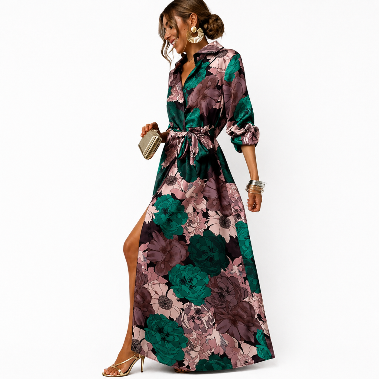 Femme Robe longue à motif floral avec col et ceinture à nouer