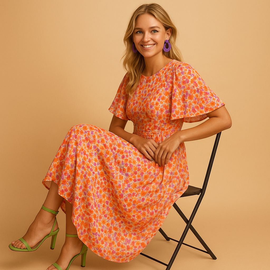 Robe femme manches courtes avec encolure en V et imprimé floral avec taille smockée