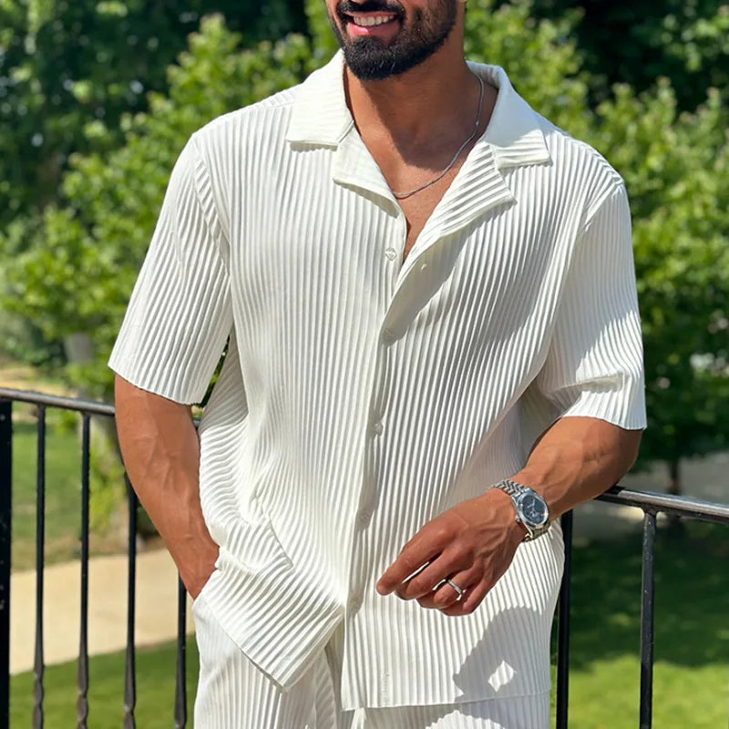 Ensemble Homme Chemise à Manches Courtes Côtelée et Pantalon
