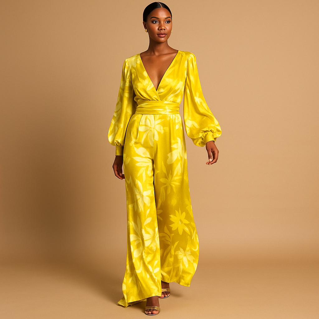 Robe femme longue manches longues avec encolure en V et taille froncée
