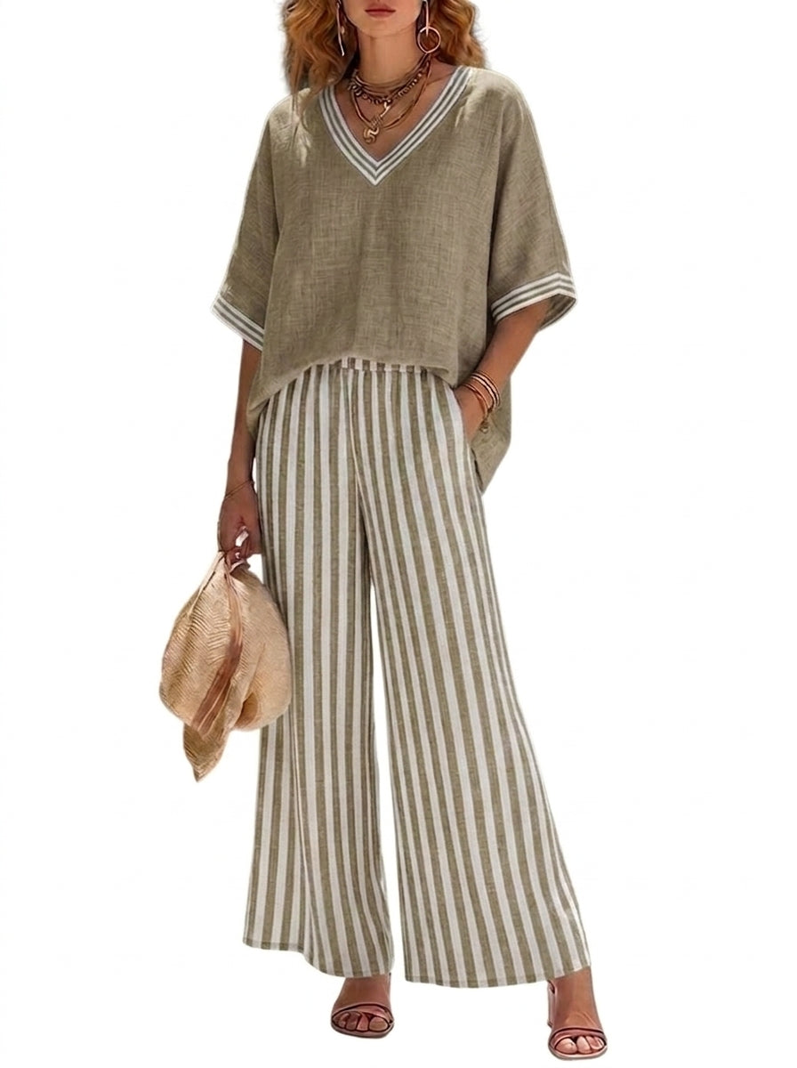 Femme - Ensemble avec haut à col en V et pantalon large à rayures | imported-image-7