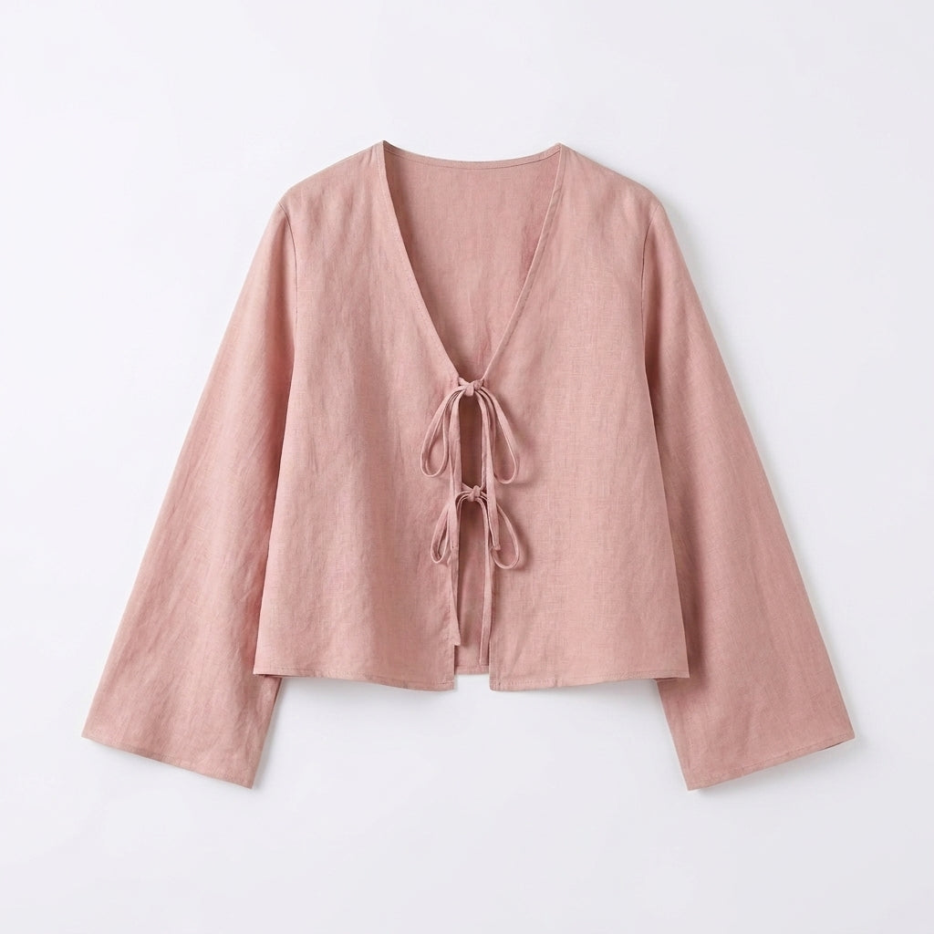 Women Crop Top Linen Cropped Front Tie Closure Design Pink