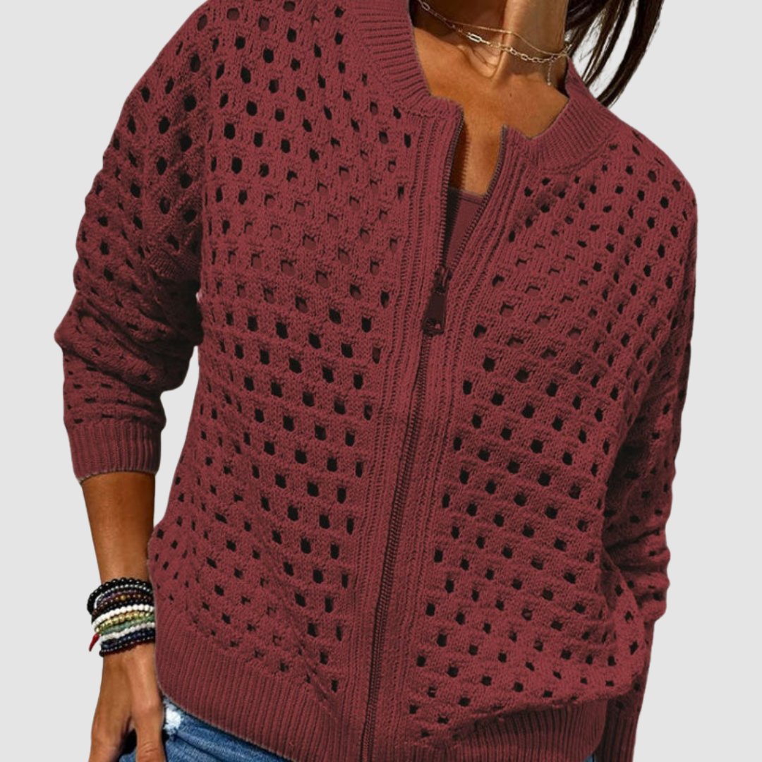 Femme Gilet en Maille Ajourée à Fermeture Éclair-Cardigan for women-Gigié