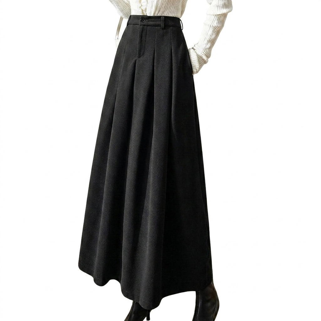 Dames Geplooide Maxi Rok met Hoge Taille Zwart