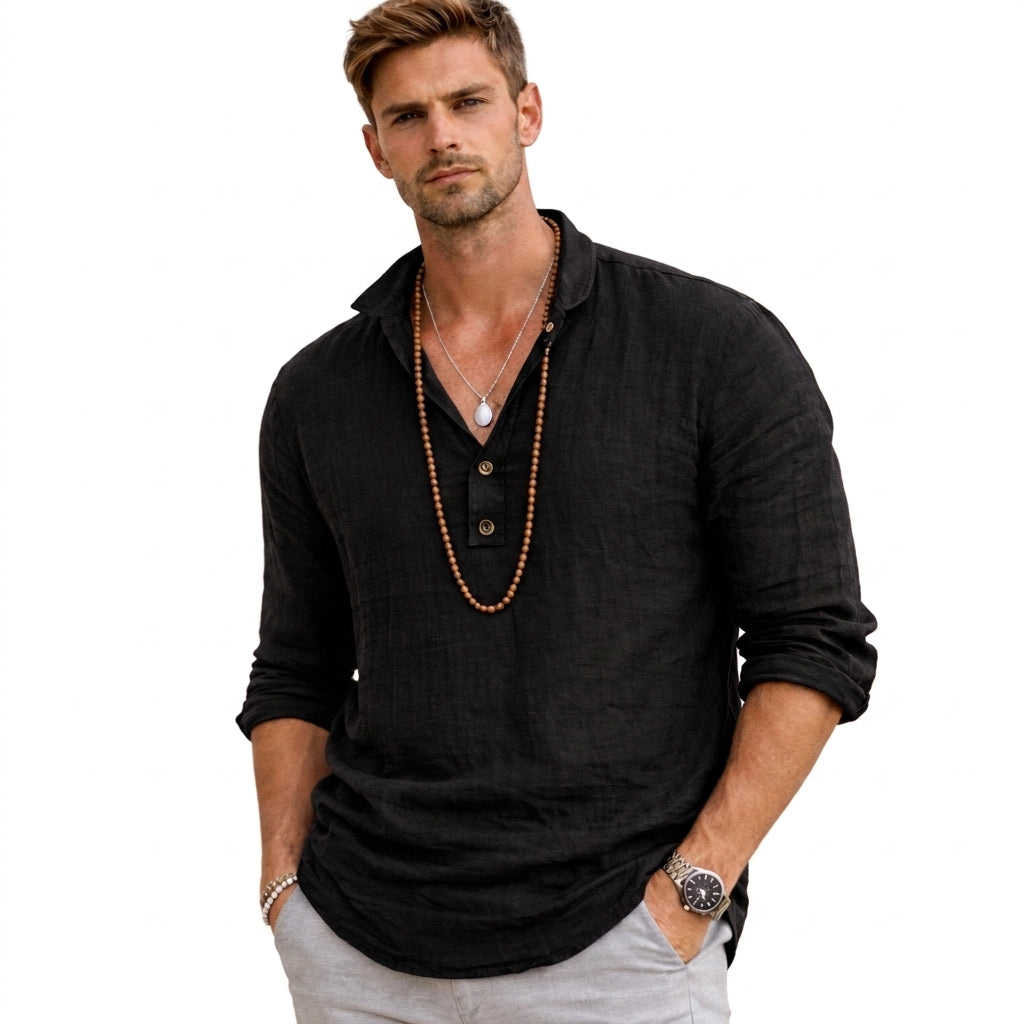 Hommes Chemise à manches longues avec col tunisien et tissu texturé Noir