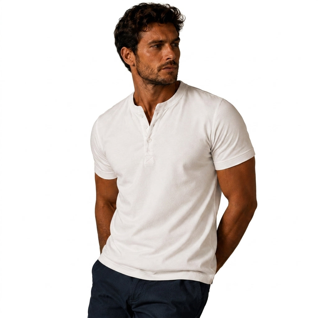 Hommes T shirt henley manches courtes patte de boutonnage trois boutons 3