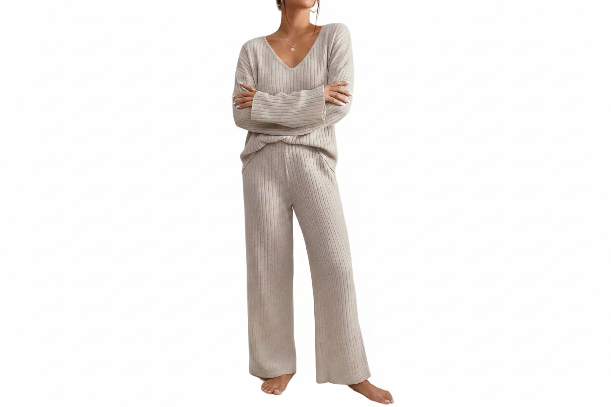 Ensemble deux pièces en maille côtelée pour femme
