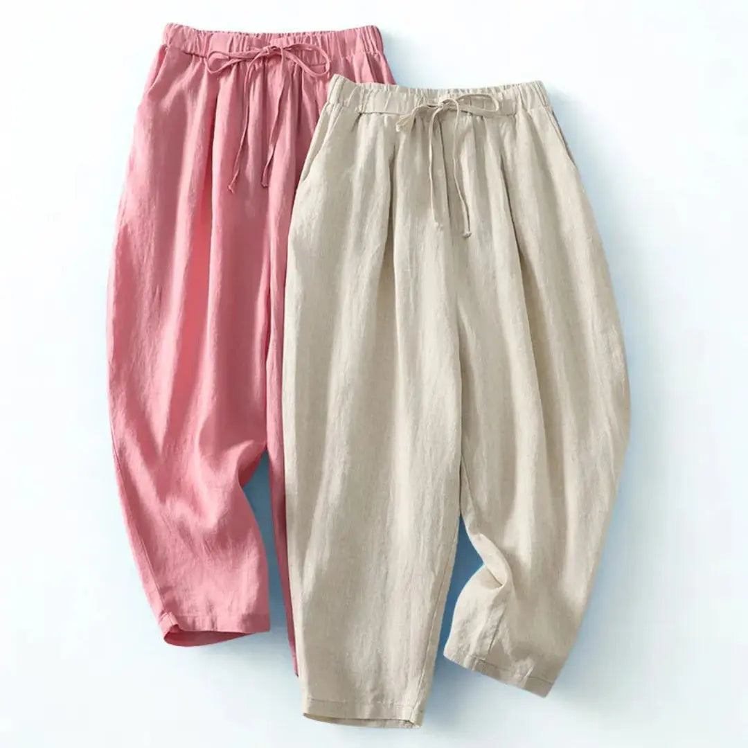 Pantalon femme taille haute avec jambes larges, cordon de serrage et poches latérales-Pants Female-Gigié