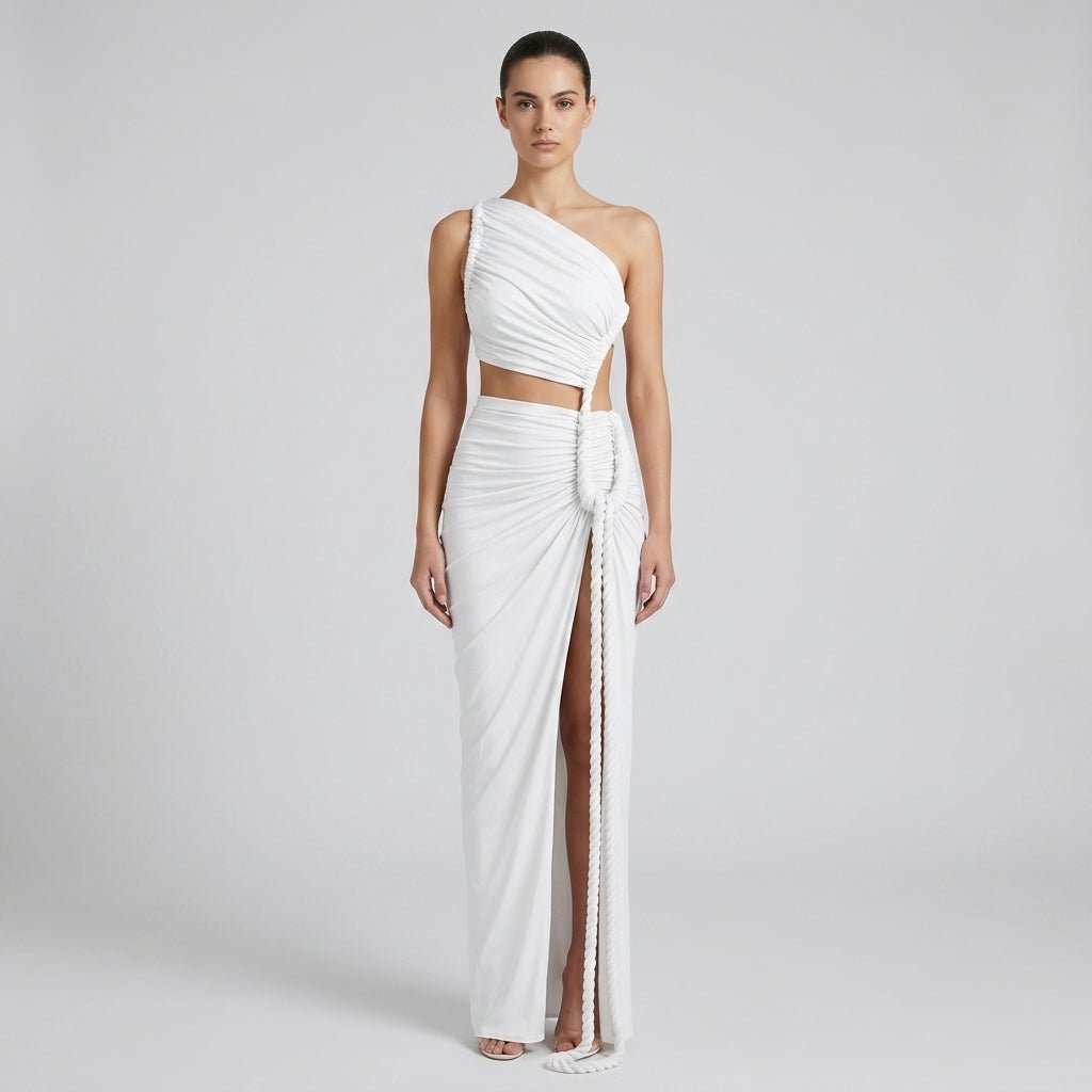 Robe longue femme asymétrique à une épaule avec fronces-Maxi Dress-Gigié
