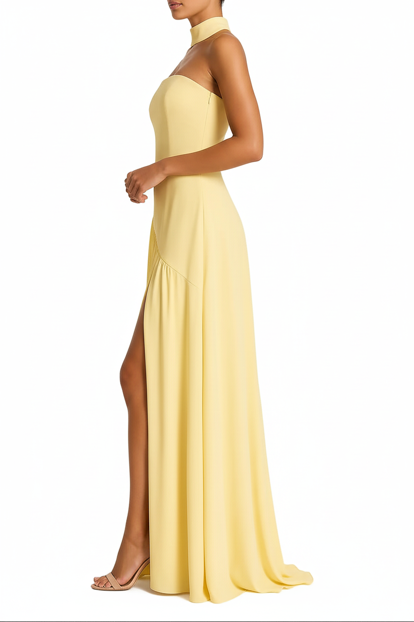 Robe Longue Femme Sans Bretelles avec Tour de Cou et Fente Asymétrique-Maxi Dress-Gigié