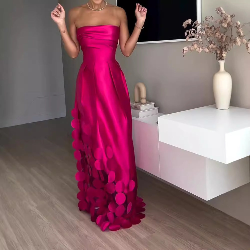 Robe longue sans bretelles avec corsage structuré et appliqués au bas pour femme-Maxi Dress-Gigié