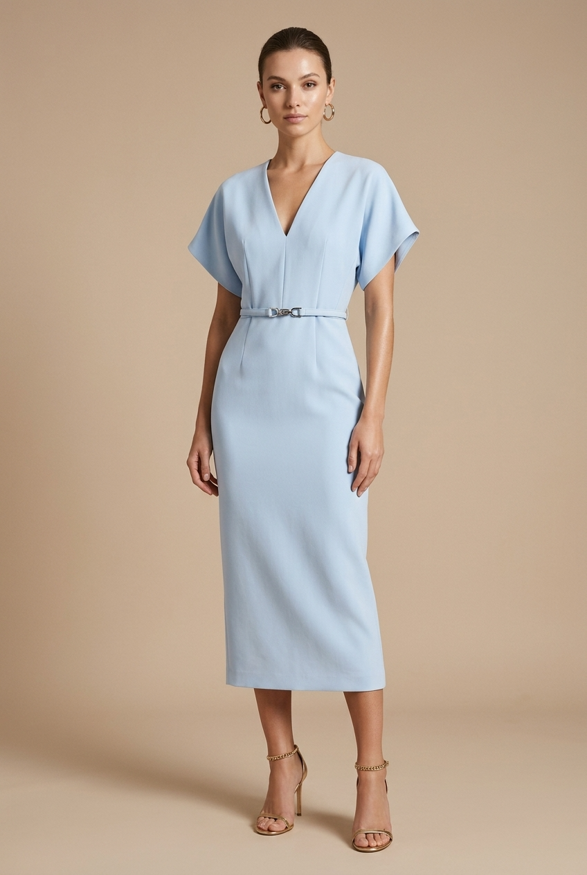 Robe Midi Femme à Manches Courtes avec Encolure en V et Ceinture-Midi Dress-Gigié