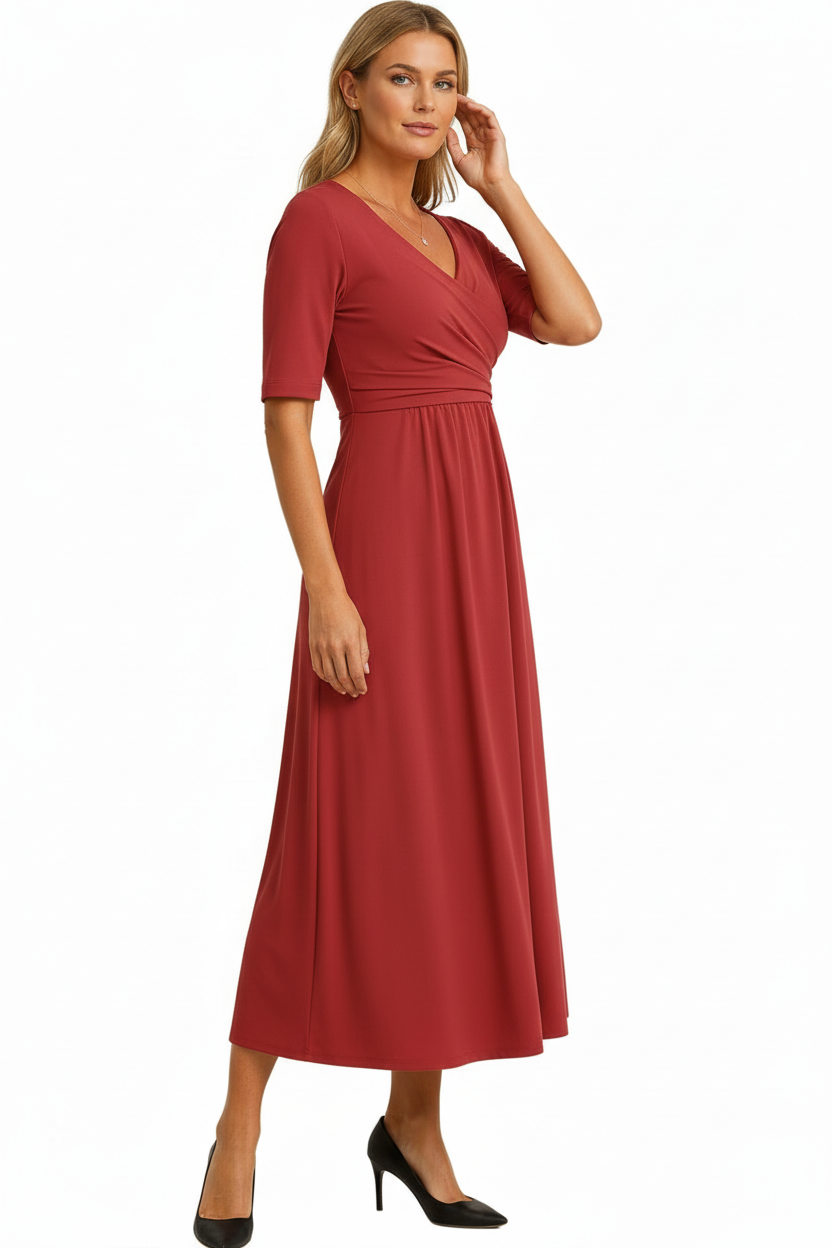 Robe midi femme avec haut cache-cœur et manches courtes-Midi Dress-Gigié
