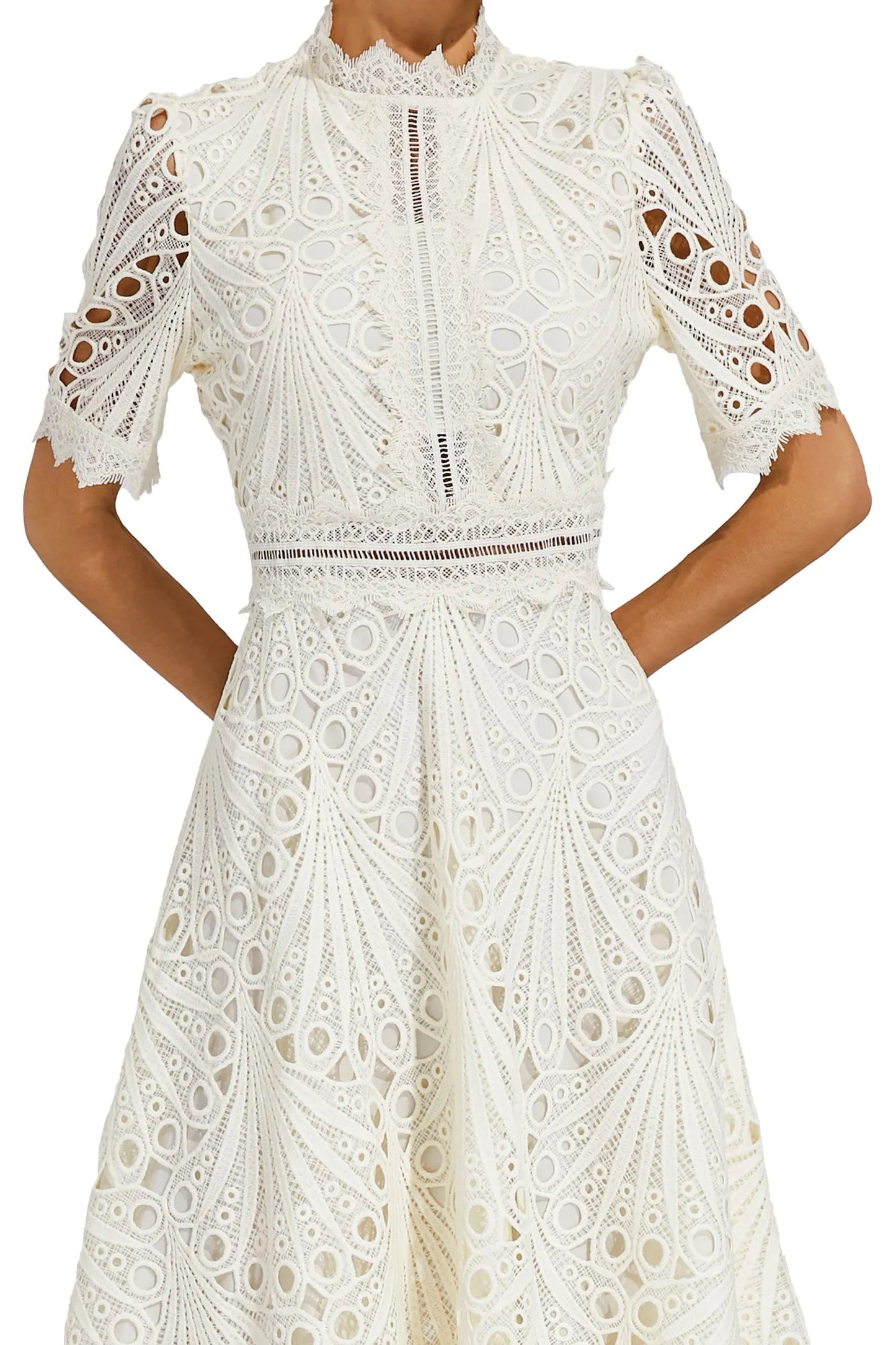 Robe midi femme avec structure en dentelle et col montant-Midi Dress-Gigié