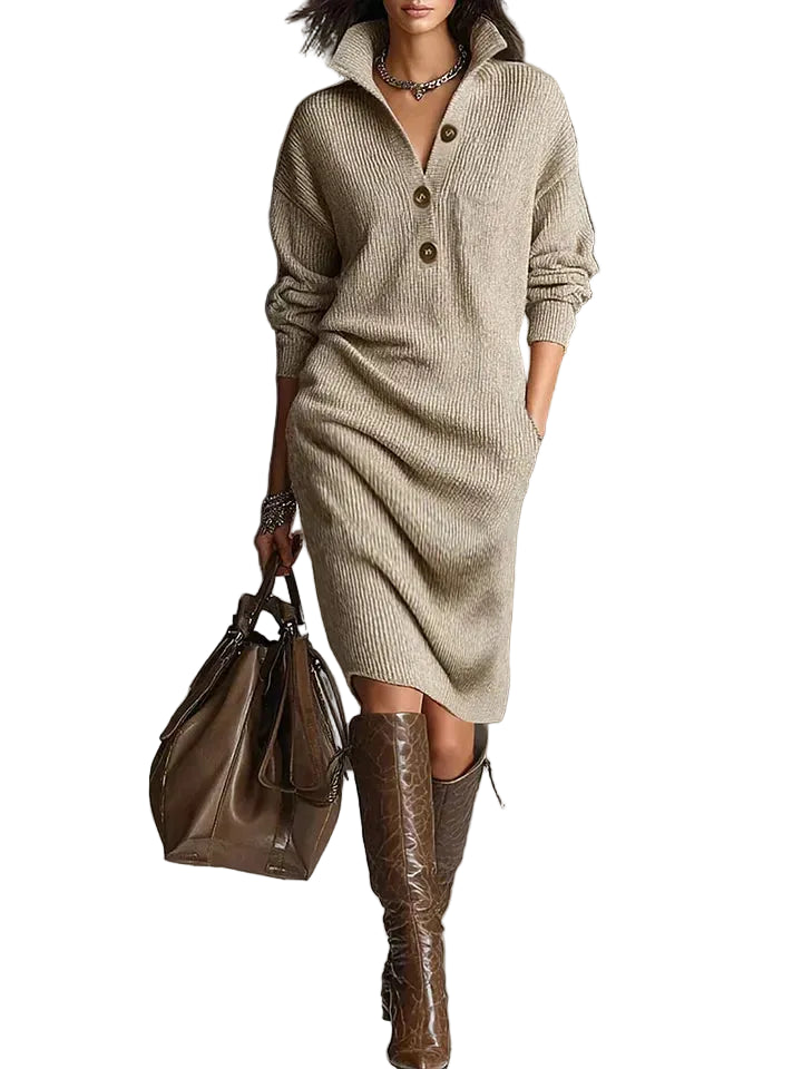 Robe Pull Midi Côtelée pour Femme avec Boutonnage-Midi Dress-Gigié