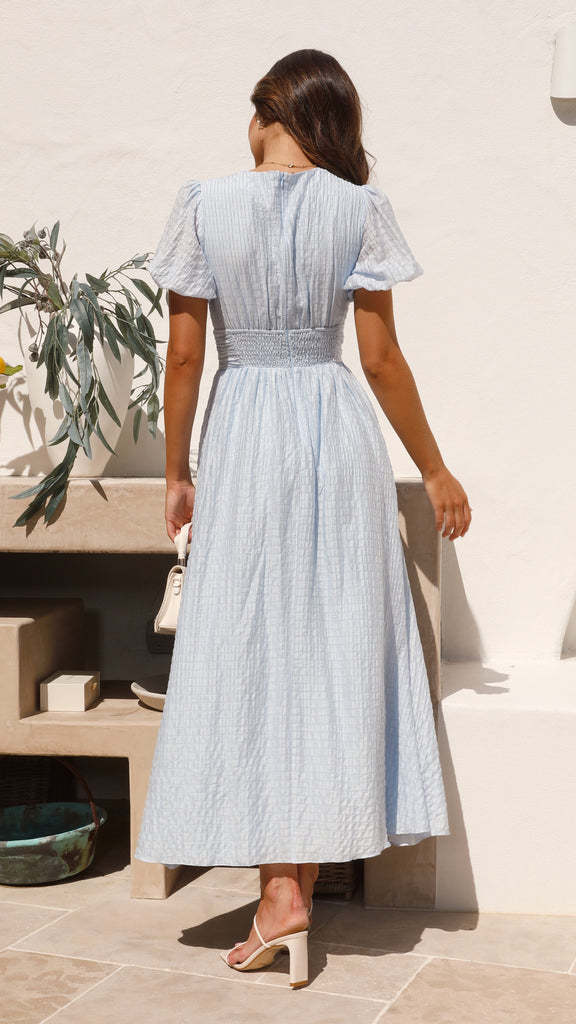 Robe Midi à Col V avec Boutonnage Central, Manches Bouffantes et Taille Froncée