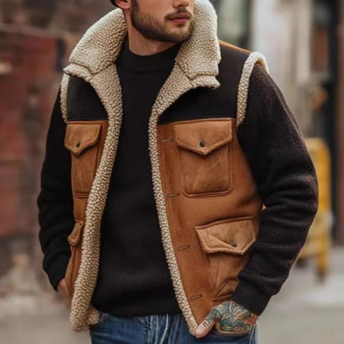 Gilet Homme Sans Manches Utilitaire avec Doublure Texturée et Poches Plaquées