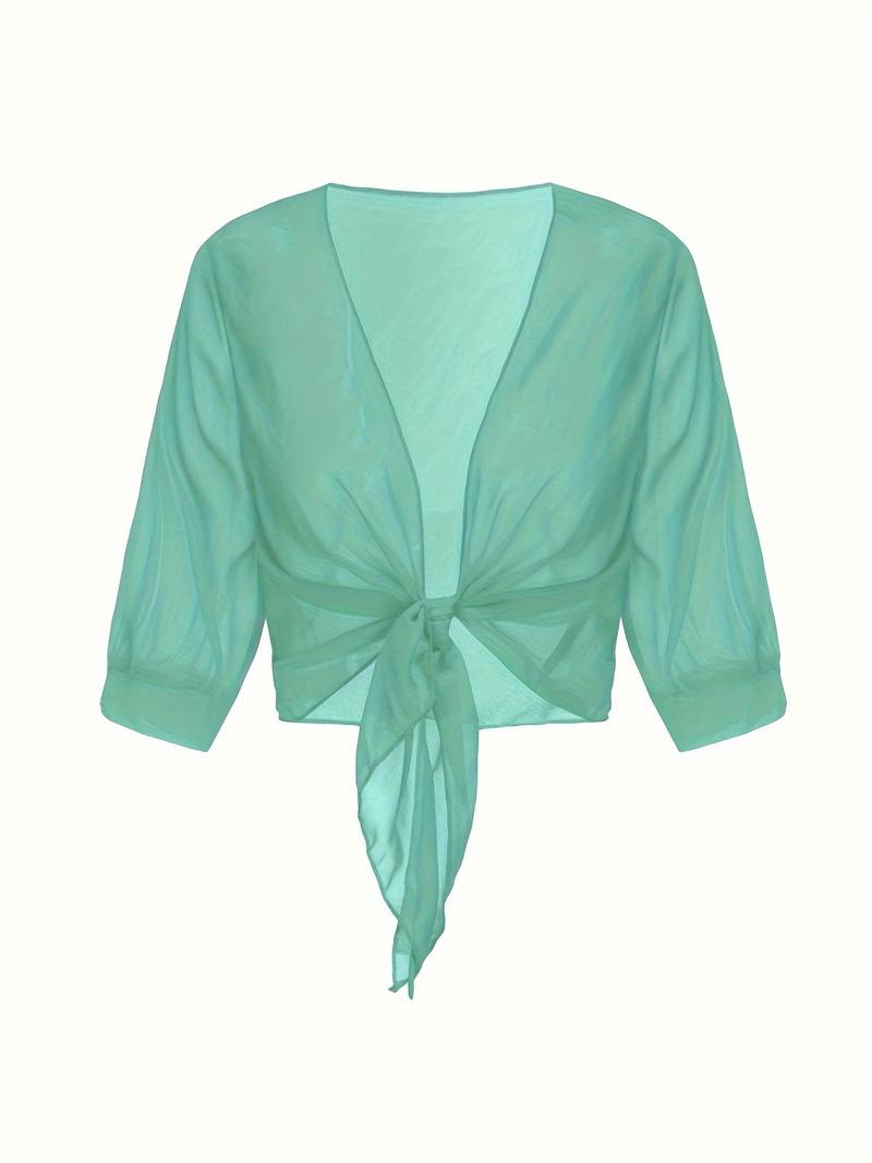 Blouse courte transparente à nouer sur le devant avec manches courtes pour femme