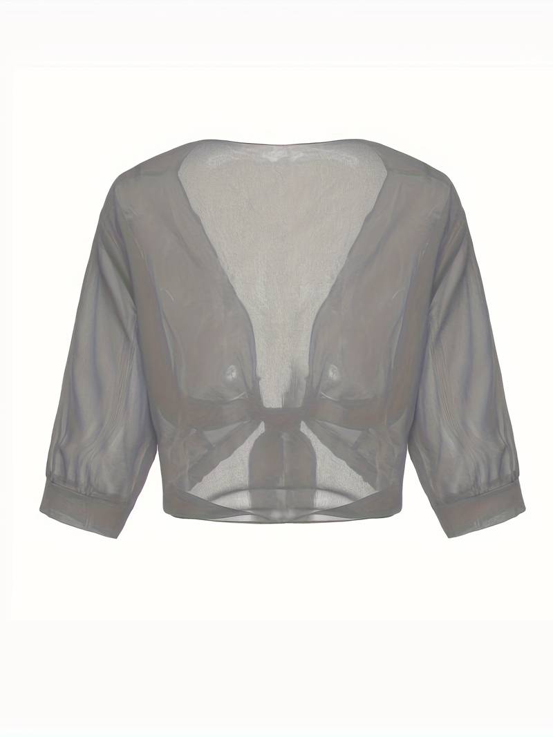 Blouse courte transparente à nouer sur le devant avec manches courtes pour femme