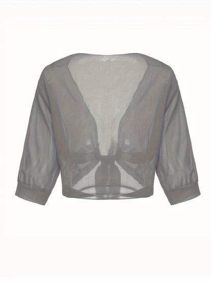Blouse courte transparente à nouer sur le devant avec manches courtes pour femme