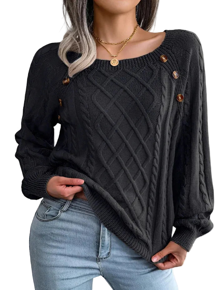 Pull femme en maille torsadée avec détail de boutons